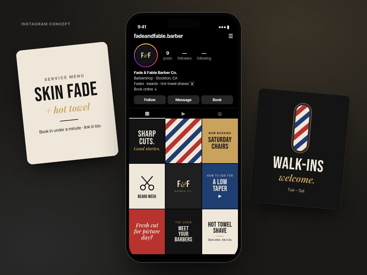 Instagram concept for Fade & Fable Barber Co., a fictional 9-post grid (sample design, not a real client)