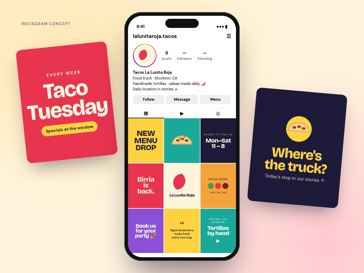 Instagram concept for Tacos La Lunita Roja, a fictional 9-post grid (sample design, not a real client)