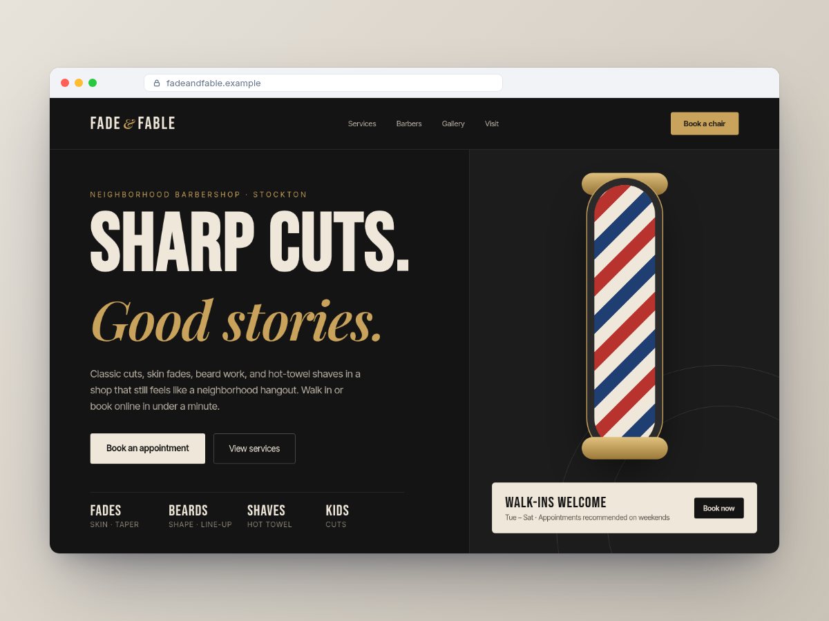Website concept for Fade & Fable Barber Co., a fictional barbershop (sample design, not a real client)