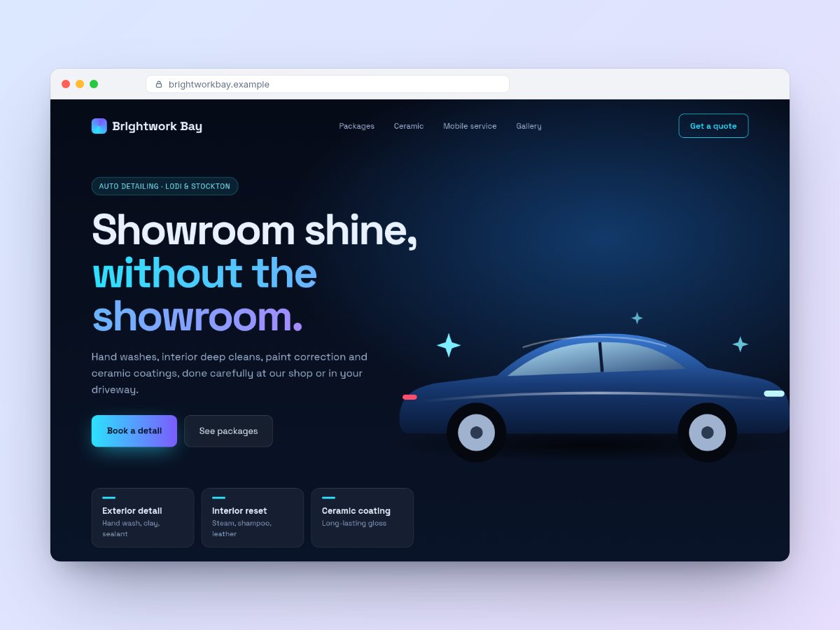 Website concept for Brightwork Bay Auto Detailing, a fictional auto detailing (sample design, not a real client)