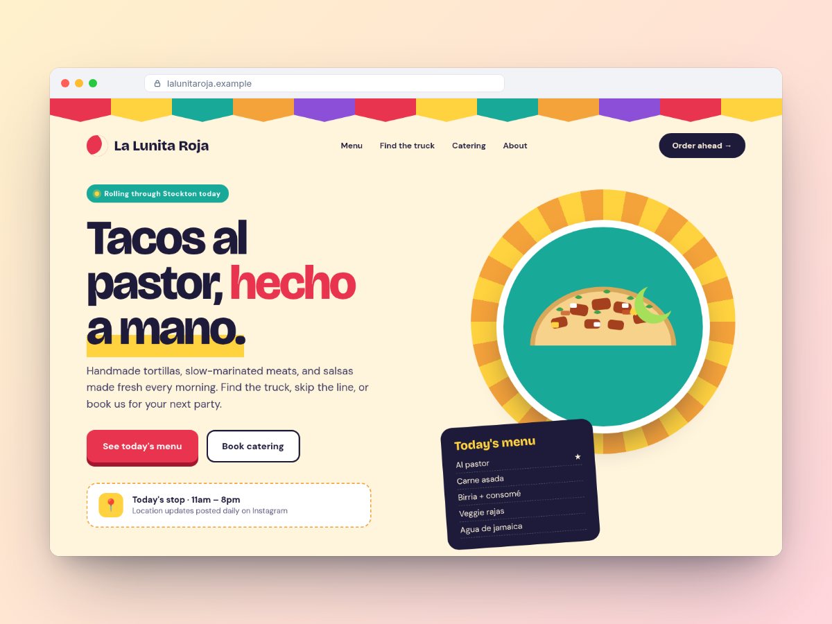 Website concept for Tacos La Lunita Roja, a fictional taco truck (sample design, not a real client)
