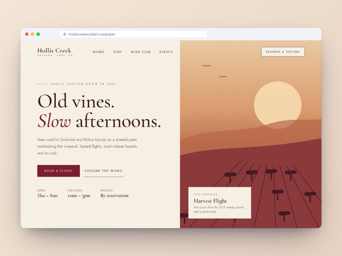 Website concept for Hollis Creek Cellars, a fictional wine tasting room (sample design, not a real client)
